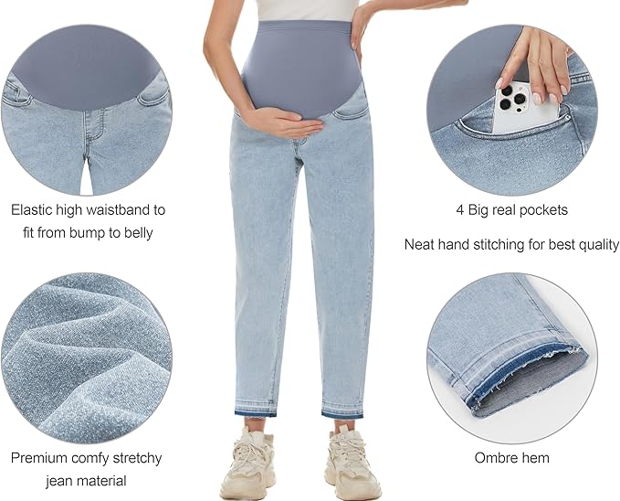 POSHGLAM Women's Maternity Jeans Over Belly Comfy Stretch 28'' Boyfriend Jeans Loose Pregnancy Pants, S-XXL