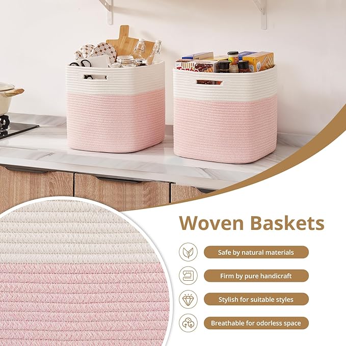 OIAHOMY 13 Kallax Inch Cube Storage Bins, 3-Pack Cotton Rope Woven Baskets for Organizing, Kallax Insert Storage Baskets for Shelves, Baby Nursery, Closet Organizer, 13*13*12.6IN, Pink & White