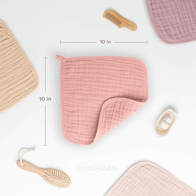 Comfy Cubs Muslin Baby Washcloths 10 Pack - Soft 6-Layer Cotton Wash Cloths for Sensitive Skin - 10"x10" Large, Gentle, Absorbent Infant Essentials for Newborn and Toddlers - Bold Blush