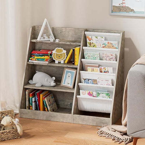 4 Tier Kids Bookshelf Wooden, Five Layer Sling Children Bookcase, Baby Toddler Storage Book Rack, Book and Toy Organizer Cabinet Chest, Book Display Shelf Stand, Playroom Nursery Classroom Library