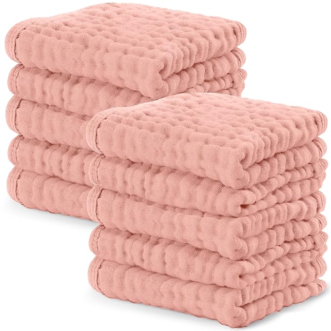 Comfy Cubs Muslin Baby Washcloths 10 Pack - Soft 6-Layer Cotton Wash Cloths for Sensitive Skin - 10"x10" Large, Gentle, Absorbent Infant Essentials for Newborn and Toddlers - Bold Blush