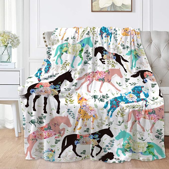 Colorful Floral Horse Blanket for Teen Flowers Animals Throw Blanket Gifts for Girls Boys Soft Throws Blankets All Seasons 50×60 Inches for Bed Office