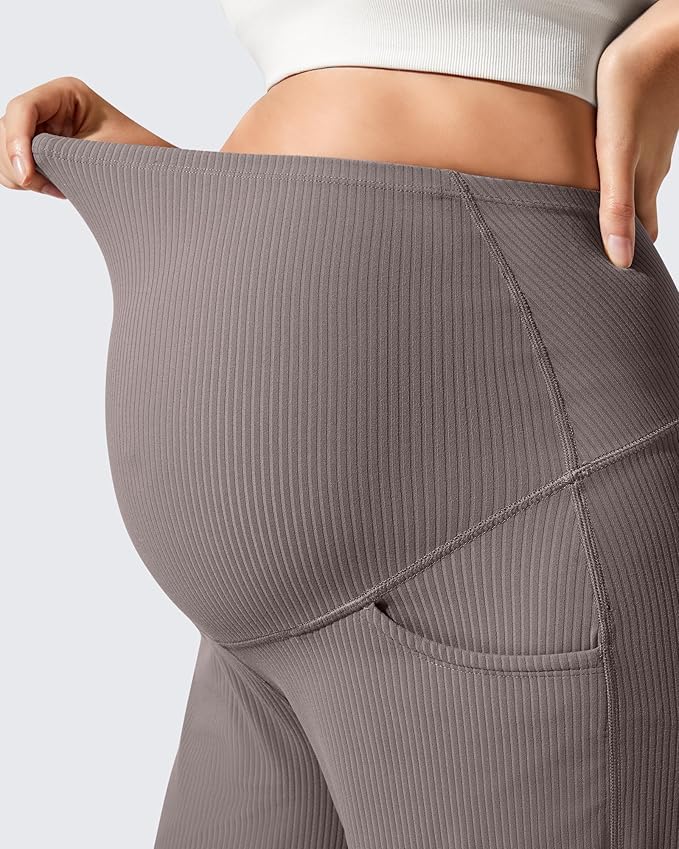 G4Free Ribbed Maternity Yoga Pants with Pockets Over The Belly Wide Leg Casual Pregnancy Lounge Trousers