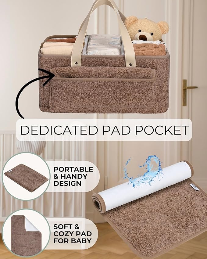 Baby Diaper Caddy Organizer with Portable Changing Mat - Teddy Fleece Diaper Organizer for Changing Table - Basket for Changing Essentials - Baby Essentials Organizer with Removable Dividers