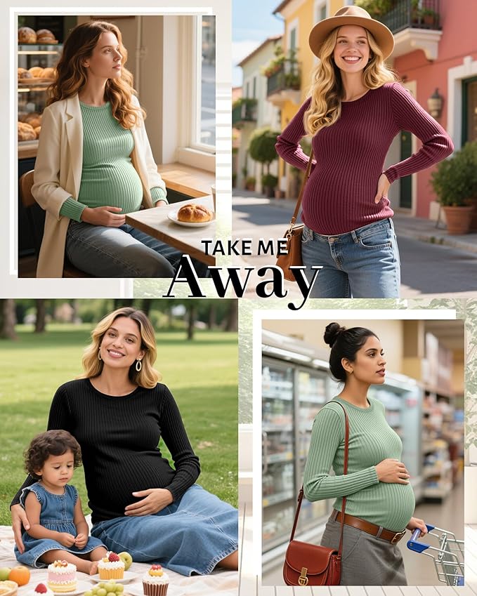 Riyiper 3 Pack Women's Maternity Shirts Long Sleeve Ribbed Knit Pregnancy Tees Cotton Crewneck Tunic Clothes Casual Fall Tops