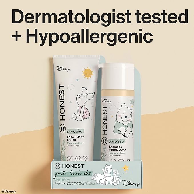 The Honest Company 2-in-1 Cleansing Shampoo + Body Wash and Face + Body Lotion Bundle + Disney Design | Gentle for Baby | Dermatologist Tested | Sensitive Fragrance Free, 18.5 fl oz