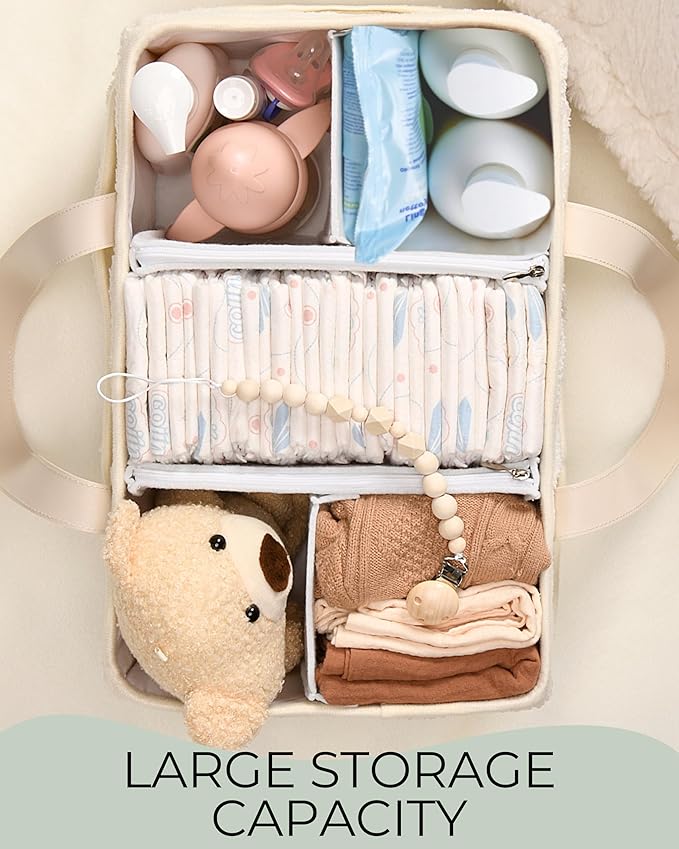 Baby Diaper Caddy Organizer with Portable Changing Mat - Teddy Fleece Diaper Organizer for Changing Table - Basket for Changing Essentials - Baby Essentials Organizer with Removable Dividers