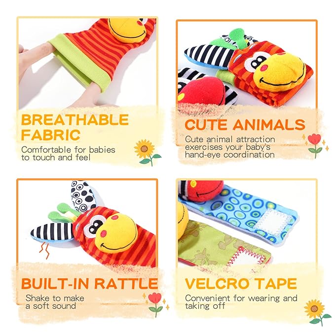 Baby Toys 0-6 Months, Wrist Rattles Foot Finder Socks Set, Infant Rattle Socks and rattles Wrist, Soft Newborn Sensory Toys,Infant Wrist Rattles for Babies 0-6 Months,Baby Gifts 6-12 Months