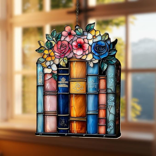 Floral Books Acrylic Suncatcher Stained Glass Effect Window Car Hanging Christmas Ornament Indoor Outdoor Decor Garden Bookish Sun Catcher Gifts for Bookworm Lover for Women Mom Grandma
