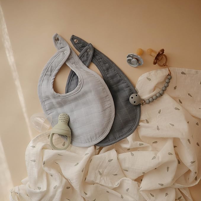 mushie Muslin Baby Bib | Soft Cotton for Infant Drips, Drools & Feedings | Adjustable Fit | 2 Pack