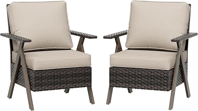 Outdoor Wicker Patio Chairs Set of 2, PE Rattan Patio Dining Chairs with Metal Frame and Deep Seating