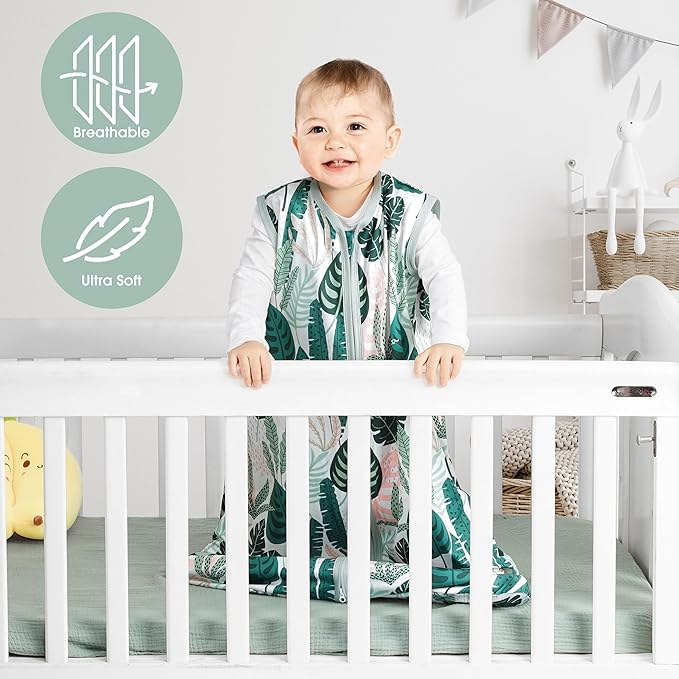 3 Pack Baby Sleep Sack 0-6 Months 100% Rayon Cotton Baby Sleeping Bag 2-Way Zipper Toddler Wearable Blankets Comfy Stretchy Lightweight TOG 0.3 （Banana&leaf&green）