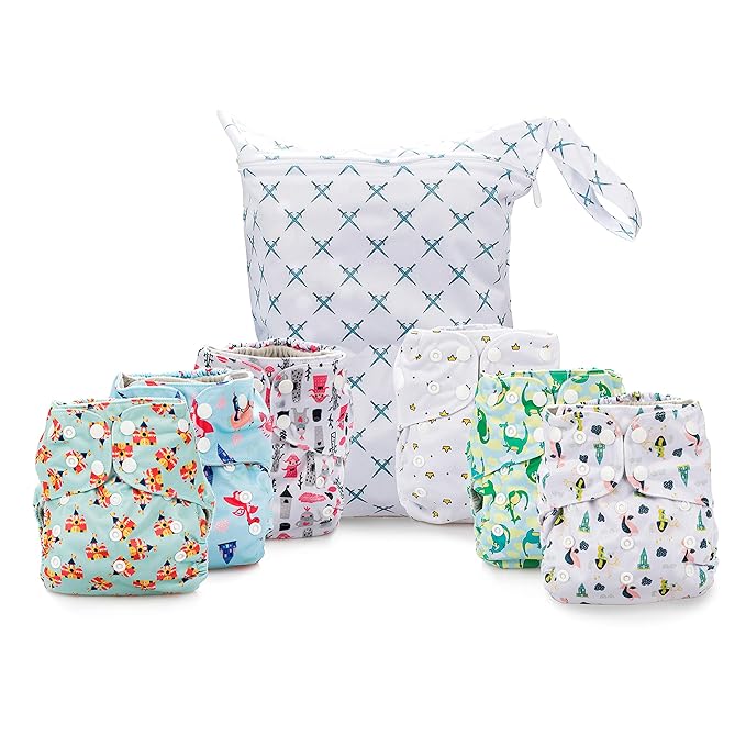 Simple Being Reusable Cloth Diapers, Double Gusset, One Size Adjustable, Washable Soft Absorbent, Waterproof Cover, Eco-Friendly Unisex Baby Girl Boy, six 4-Layers Microfiber Inserts (Knights Dragons)