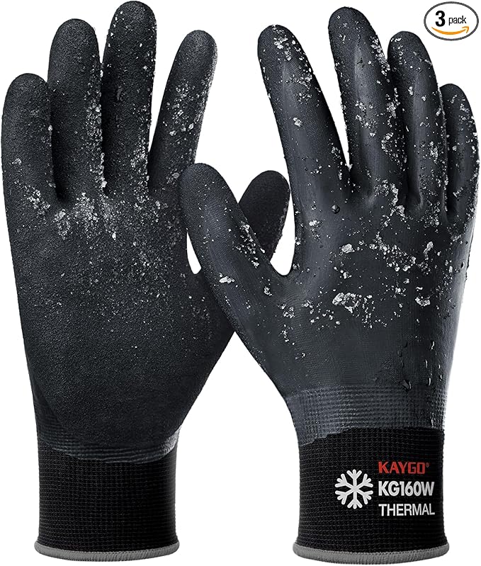KAYGO Winter Waterproof Work Gloves for Men and Women, 3 Pairs Thermal Insulated Freezer Rubber Coated Gloves,Super Grip,KG160, L, Black