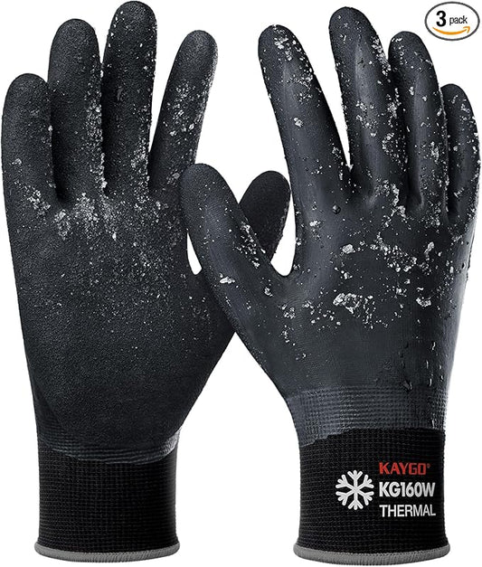 KAYGO Winter Waterproof Work Gloves for Men and Women, 3 Pairs Thermal Insulated Freezer Rubber Coated Gloves,Super Grip,KG160, L, Black