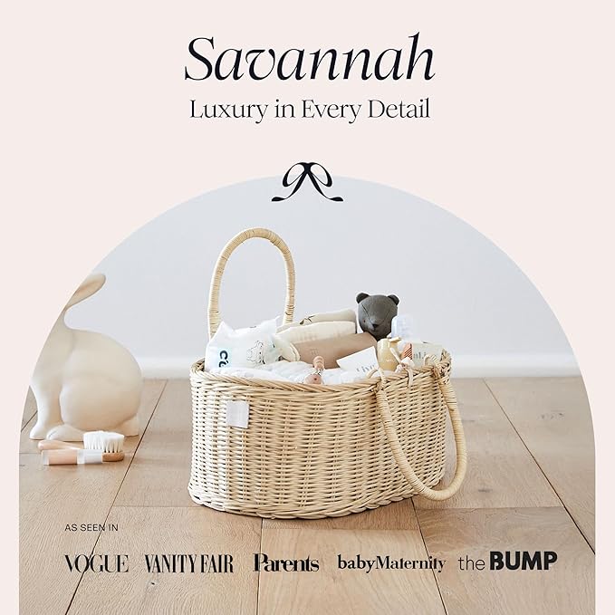 BEBE BASK Premium Baby Diaper Caddy Organizer - Handmade Rattan Basket With Cotton Divider - Award-Winning & Luxury Diaper Caddy Basket - (SAVANNAH)