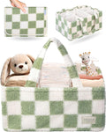 Checkered Diaper Caddy Organizer with Portable Changing Mat - Teddy Fleece Diaper Organizer for Changing Table - Caddy Organizer with Removable Dividers - Green and White