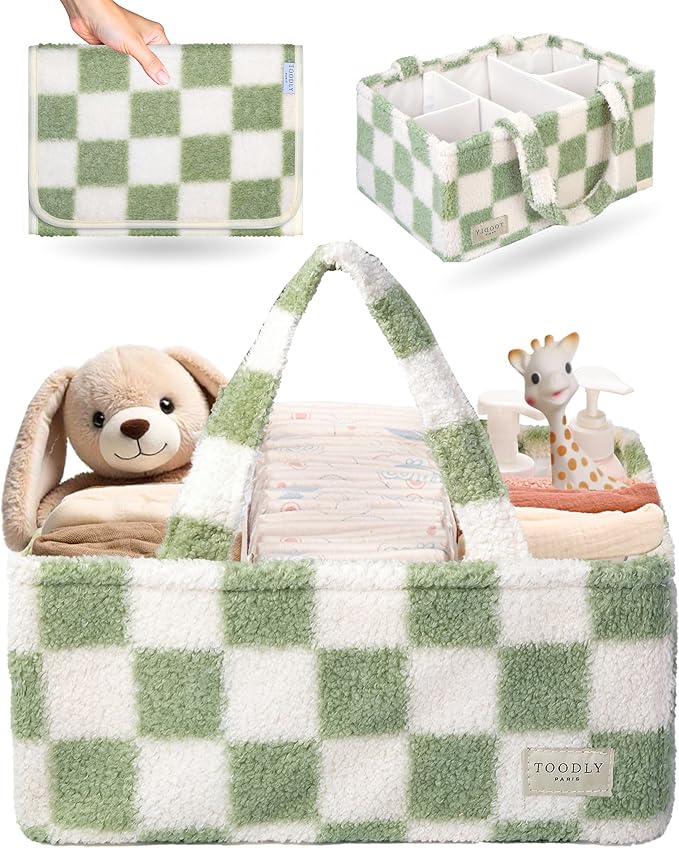 Checkered Diaper Caddy Organizer with Portable Changing Mat - Teddy Fleece Diaper Organizer for Changing Table - Caddy Organizer with Removable Dividers - Green and White