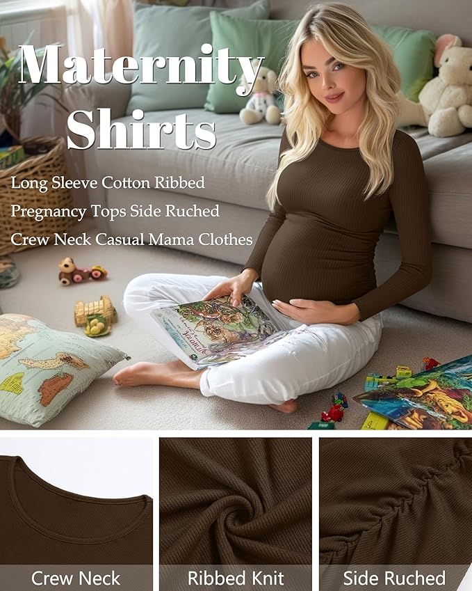 Huukeay 4 Pack Women's Maternity Shirts, Long Sleeve Cotton Ribbed Pregnancy Tops Side Ruched Crew Neck Casual Mama Clothes