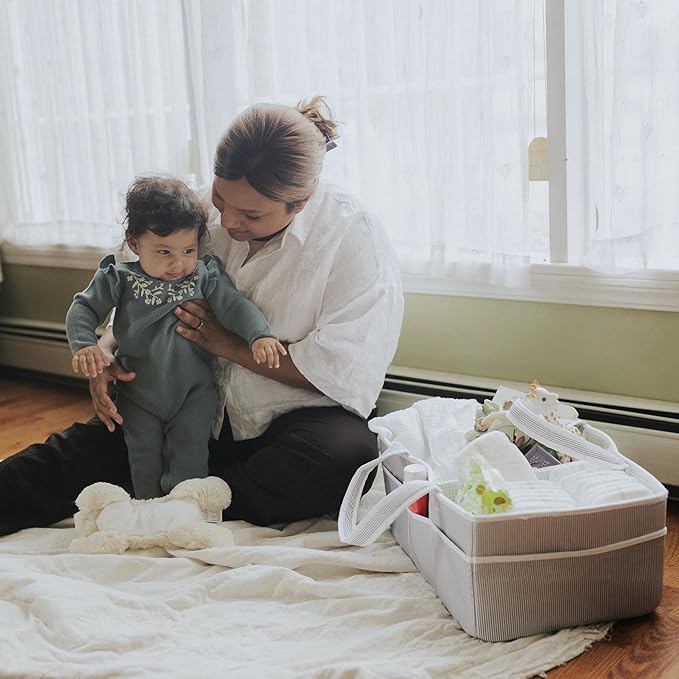 Lily Miles Baby Diaper Caddy - Organizer Tote for Infant Boy or Girl - Baby Shower Basket - Nursery Must Haves - Registry Favorites - Newborn Caddie Car Travel - Gray/Mint, Extra Large