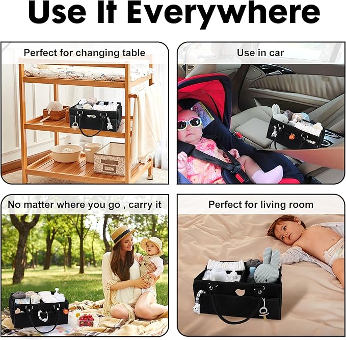 Baby Diaper Caddy Organizer for Girl Boy Large Nursery Storage Bin Basket Portable Holder Tote Bag for Changing Table and Car Baby Shower Gifts Newborn Essentials Must Haves Items black