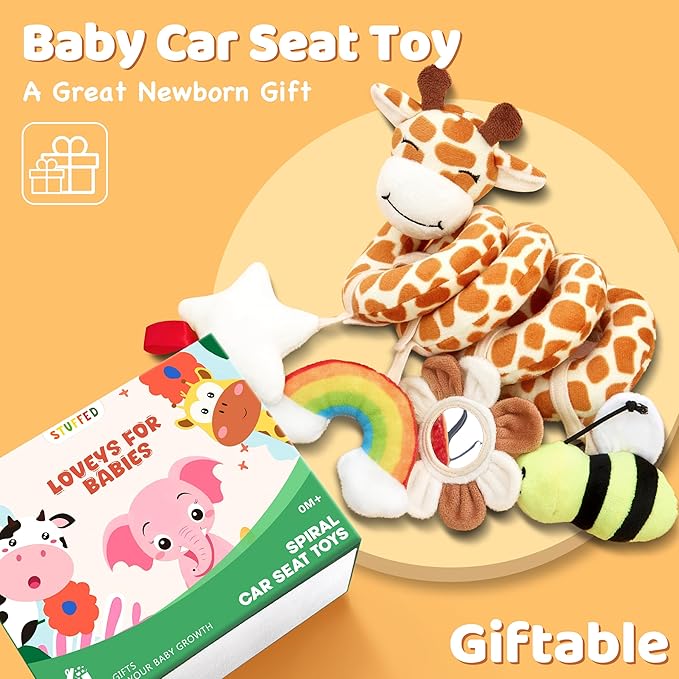 Stuffed Spiral Car Seat Baby Toys 0-6 Months, Infant Carseat Sensory Toys Hanging Stroller Accessories, Newborn Shower Gifts for Baby Boys Girls Essentials | Cute Colorful Giraffe