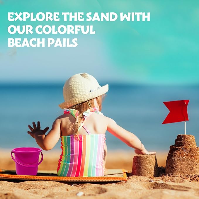 Podzly 12 Pack Beach Pails Sand Buckets - 7" Large Beach Pails with Handles for Kids - Colorful Beach Toys for Sand Molds & Castles - Great Sand Buckets - Fun and Learning Accessory for Kids!