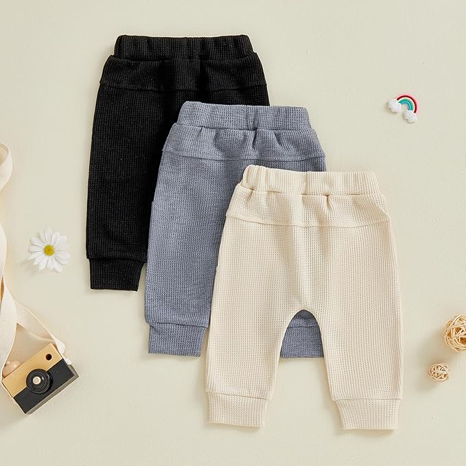 Sejardin Toddler Baby Boy Girl Pants 3 Pack Solid Color Elastic Waist Jogger Sweatpants Newborn Infant Casual Bottoms