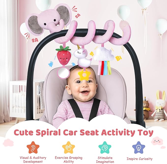 Stuffed Spiral Car Seat Toys for Baby Girls 0-6 Months, Perfect Newborn Gifts for Girls Essentials, Cute Pink Elephant Strawberry Hanging Plush Items