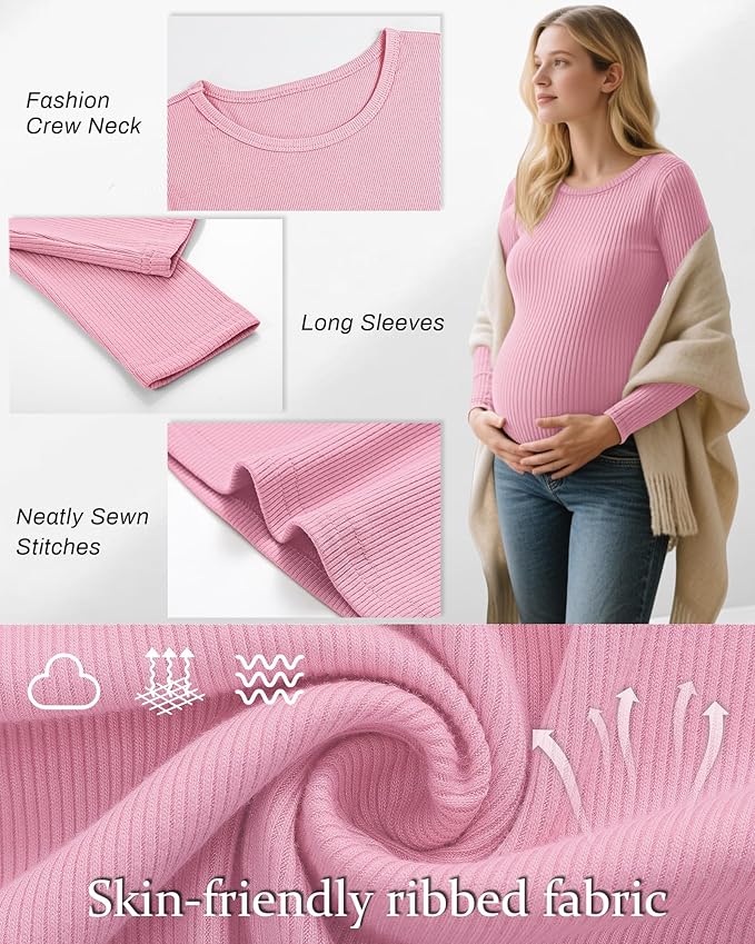 Riyiper 3 Pack Women's Maternity Shirts Long Sleeve Ribbed Knit Pregnancy Tees Cotton Crewneck Tunic Clothes Casual Fall Tops
