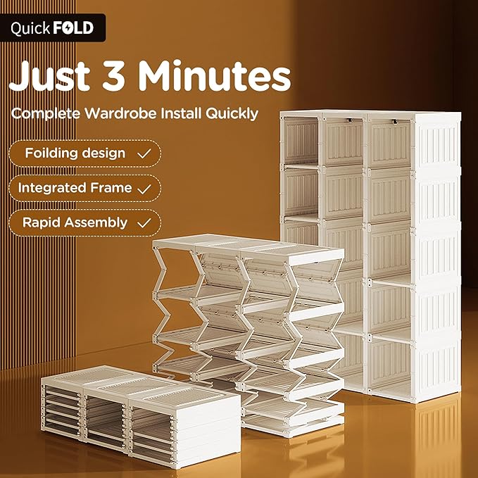 ANTBOX Portable Wardrobe Closet Storage Organizer for Clothes,Suitable for Living Room, Bedroom,Plastic Wardrobe with Magnetic Transparent Door and Easy Assembly 8 Cubes & 2 Hanging Rod