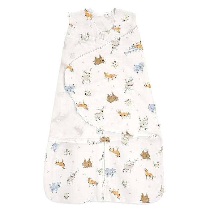 HALO 100% Cotton Sleepsack Swaddle, 3-Way Adjustable Wearable Blanket, TOG 1.5, Forest Friends, Newborn, 0-3 Months