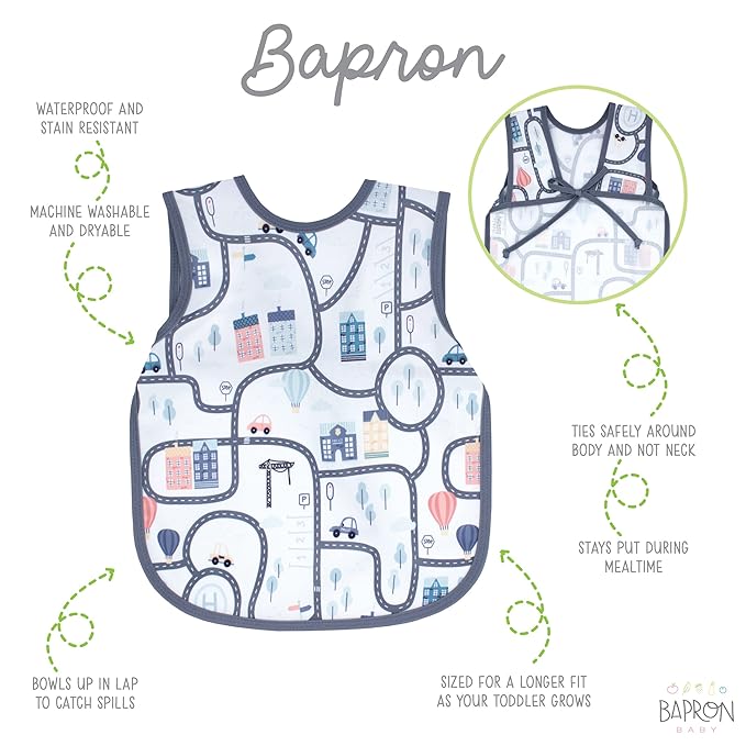 BapronBaby Tiny Town Bapron - No Neck Tie Safer Bib for Baby & Toddler - Soft Waterproof Stain Resistant - Machine Washable - Sz Baby/Toddler 6m-3T