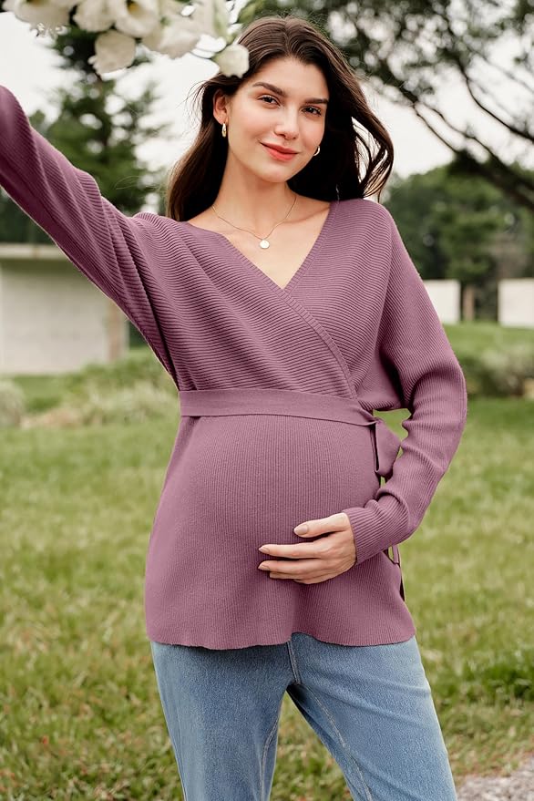 OUGES Womens Soft Cotton Blend Maternity Sweater Wrap V Neck Long Sleeve V Back Fall Shirts Pregnancy Outfits with Belt