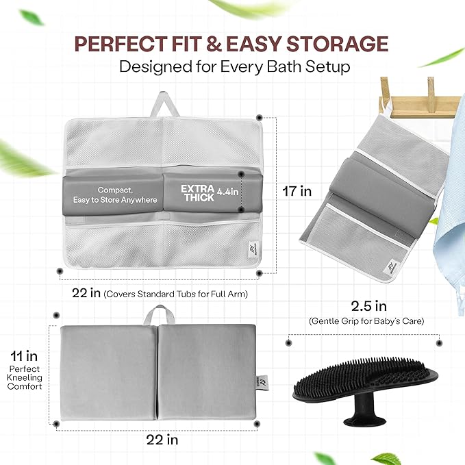 Baby Bath Kneeler & Elbow Rest Pad – Extra Thick Foam Pads for Comfort | Non-Slip, Machine Washable with Mesh Pockets & Suction Cups | Bonus Baby Brush & Washcloth – Thoughtful Gift for New Parents