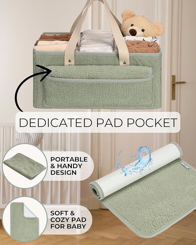 Baby Diaper Caddy Organizer with Portable Changing Mat - Teddy Fleece Diaper Organizer for Changing Table - Basket for Changing Essentials - Baby Essentials Organizer with Removable Dividers