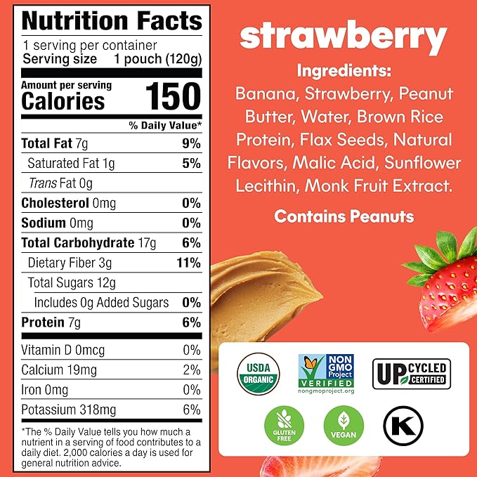 Noka Superfood Fruit & Nut Butter Smoothie Pouches, Healthy Snacks (Strawberry Peanut Butter) 12 Pack, Vegan, Plant Protein, Gluten-Free, Organic, Meal Replacement Squeeze Packs, 4.22oz Ea
