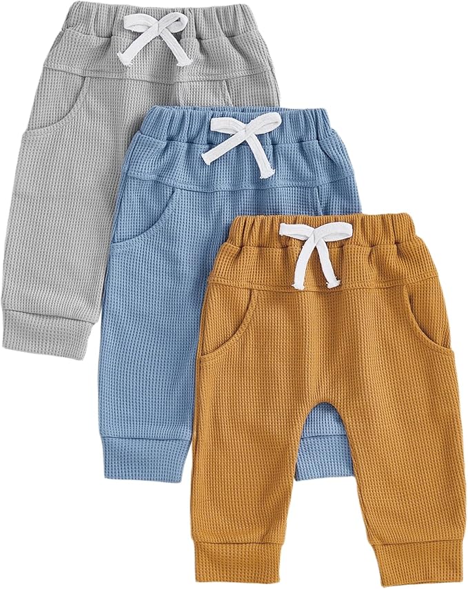 Sejardin Toddler Baby Boy Girl Pants 3 Pack Solid Color Elastic Waist Jogger Sweatpants Newborn Infant Casual Bottoms