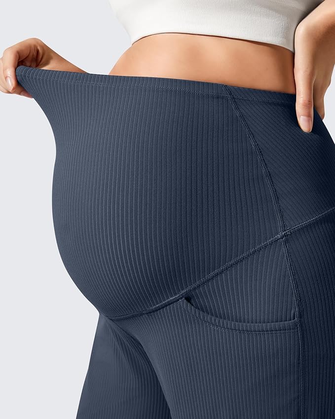 G4Free Ribbed Maternity Yoga Pants with Pockets Over The Belly Wide Leg Casual Pregnancy Lounge Trousers