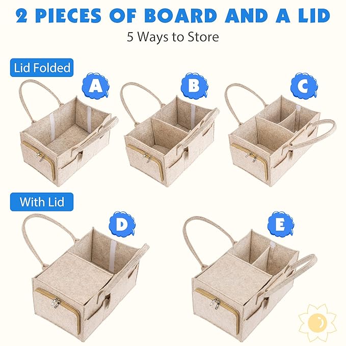 Maliton Baby Diaper Caddy Organizer with Handles, Felt Caddy for Changing Table, Newborn Essentials Bin with Lid