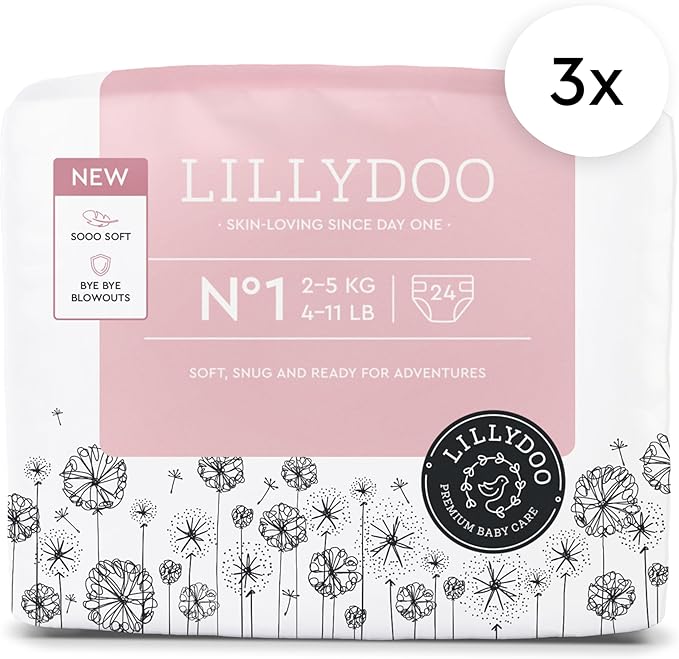 LILLYDOO Baby Diapers - Size 1 (4-11 lbs), Half-Monthly Supply (72 Count), Leak Protection, Skin-Friendly, Ultrasoft, Perfume- & Chlorine-Free, Hypoallergenic, Dermatologist Tested, Oeko-TEX®