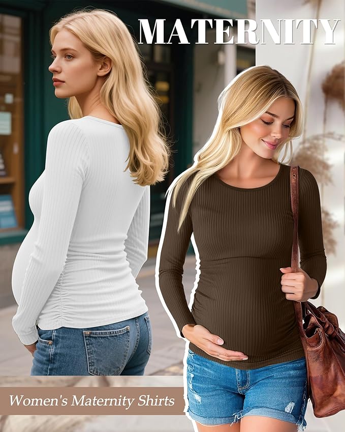 Huukeay 4 Pack Women's Maternity Shirts, Long Sleeve Cotton Ribbed Pregnancy Tops Side Ruched Crew Neck Casual Mama Clothes