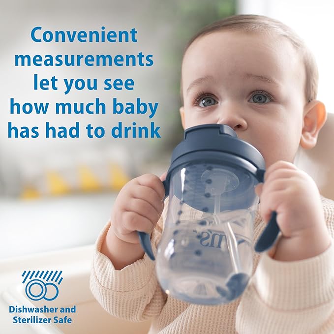 Dr. Brown's Milestones Baby's First Straw Cup, Training Cup with Weighted Straw, 9oz/270mL, Dark Blue/Vintage Yellow, BPA Free, 6m+, 2 Pack