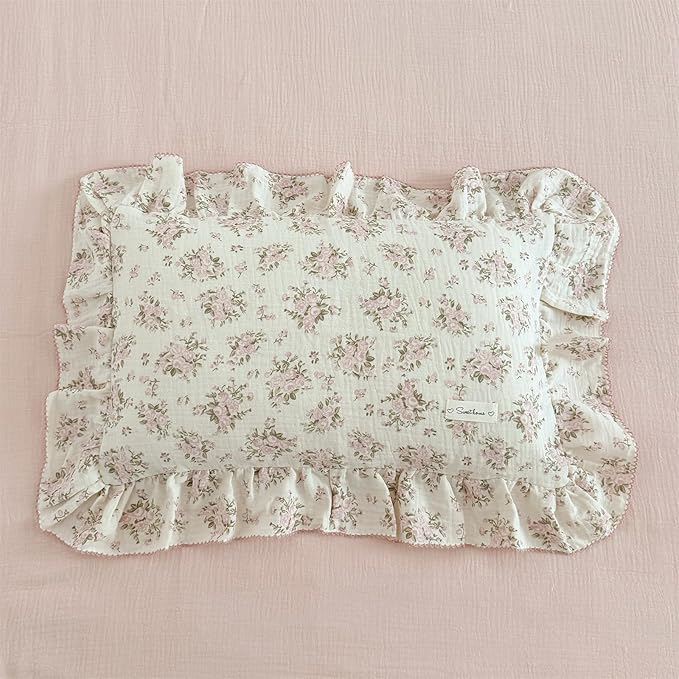 AOJIM Pink Floral Kids Toddler Pillowcase 1 Piece Super Soft Muslin Cotton Bedding Pillowcase with Ruffle Edges, Durable Nursery Pillowcase Aesthetic Print Kids Pillow Cover for Room Decor, 26X20 Inch