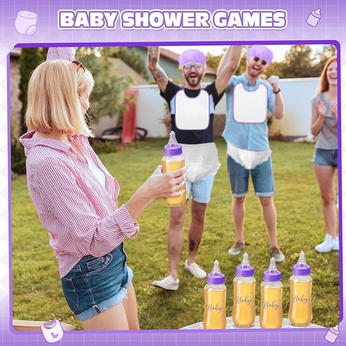 6 Sets Bottle Chug Baby Shower Games Juegos Para Plastic Baby Bottles Bibs Hat Disposable Diapers Gender Reveal Games Baby Changing Diaper Race Game Decoration (Purple)