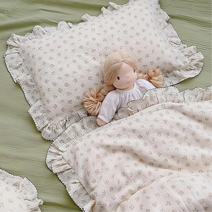 BuLuTu Cotton Muslin Kids Toddler Pillowcase Sprout Pattern, Shabby Chic Nursery Pillow Cover with Ruffle Edge, Soft Durable Travel Pillow Case for Boys Girls Bedding Decor, 14"x20",Machine Wash