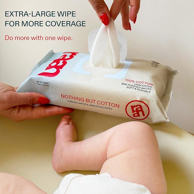 Raan, 100% Cotton Baby & Toddler Wipes, Unbleached, 99% Purified Water, Unscented, EWG verified, Made for Sensitive Skin, Extra Soft and Durable, 8 pack, 480 Count
