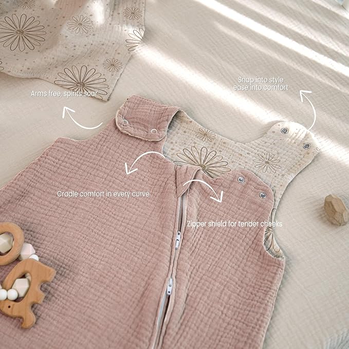 lulumoon Sleep Sack Muslin for Baby: Cotton Wearable Blanket - Soft Lightweight Ideal for Nursery Lounge Nighttime Naptime (1, sanddaisy, XS)