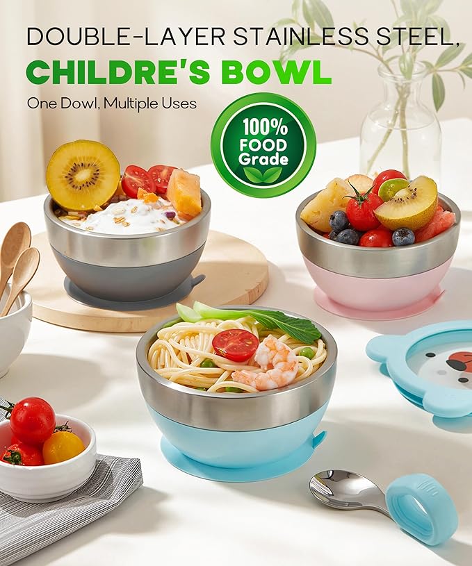 Suction Bowl and Spoon Set for Babies and Toddlers Non-Slip Silicone Suction Cups, Advanced 304 Stainless Steel Bowls, Double-Layer Insulation, and BPA-Free Lids Food-Grade Safety PINK