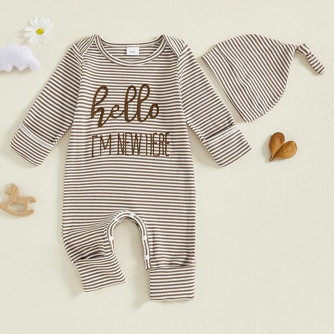 Fernvia Newborn Baby Boy Clothes Letters Print Bodysuit 3 6 9 12 18 Months Long Sleeve Jumpsuit with Hat 2PCS Outfits Set